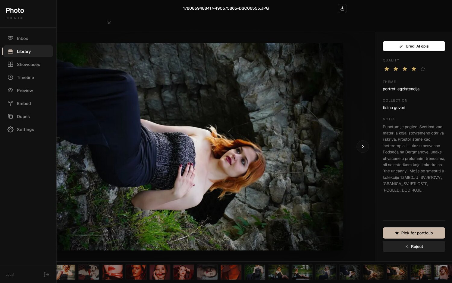 Smart AI Curator — loupe pregled fotografije sa metapodacima