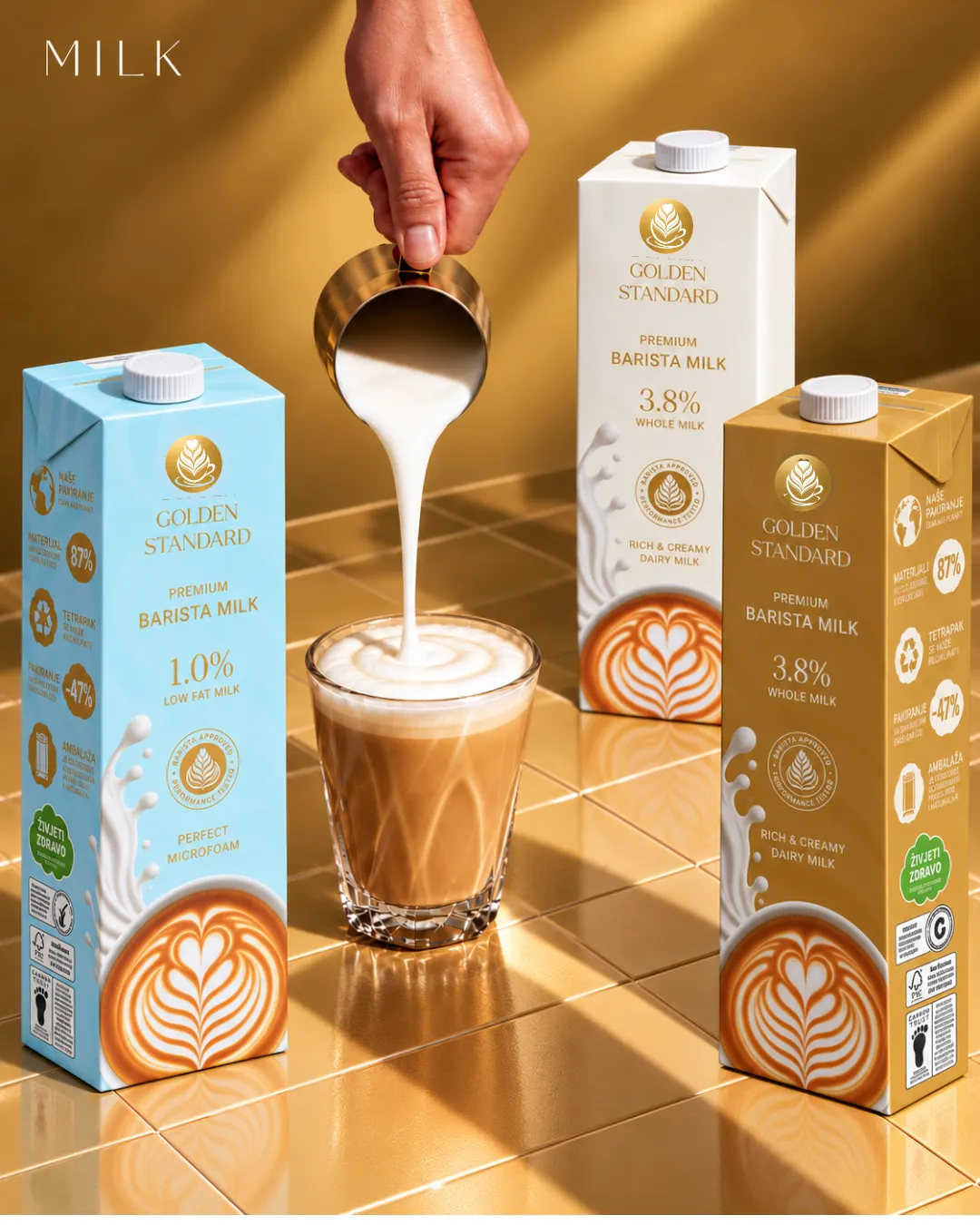 Barista sipa mlijeko pored ambalaža Golden Standarda