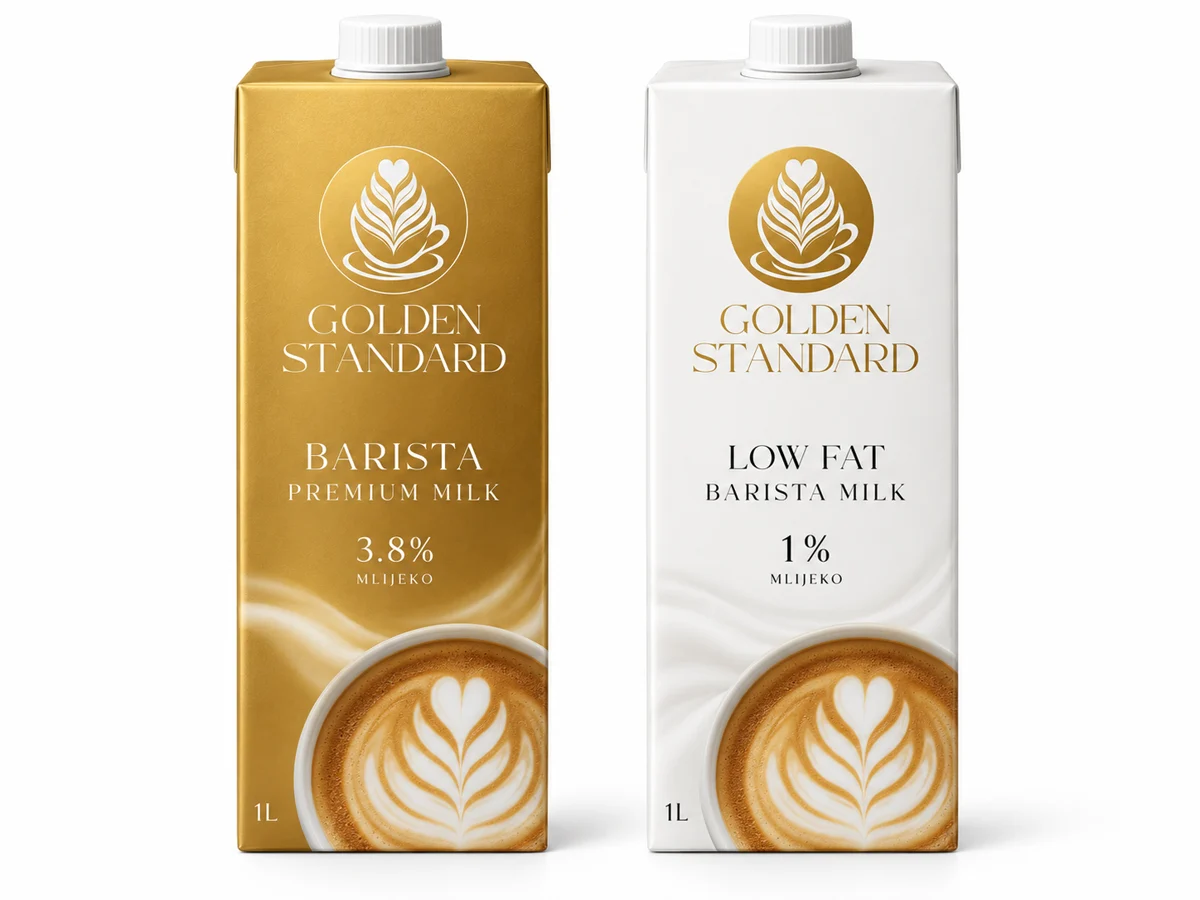 Golden Standard zlatna i bijela ambalaža barista mlijeka