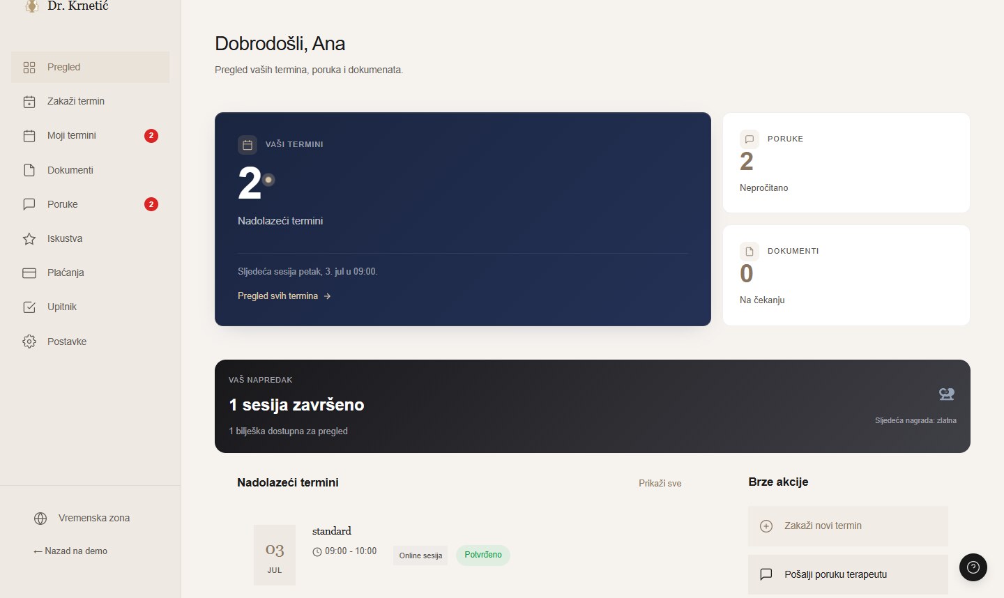 Dr. Krnetić — klijentski portal: termini, poruke, dokumenti