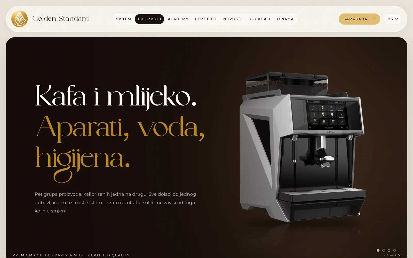 Stranica proizvoda goldenstandard.eu: kafa i barista mlijeko