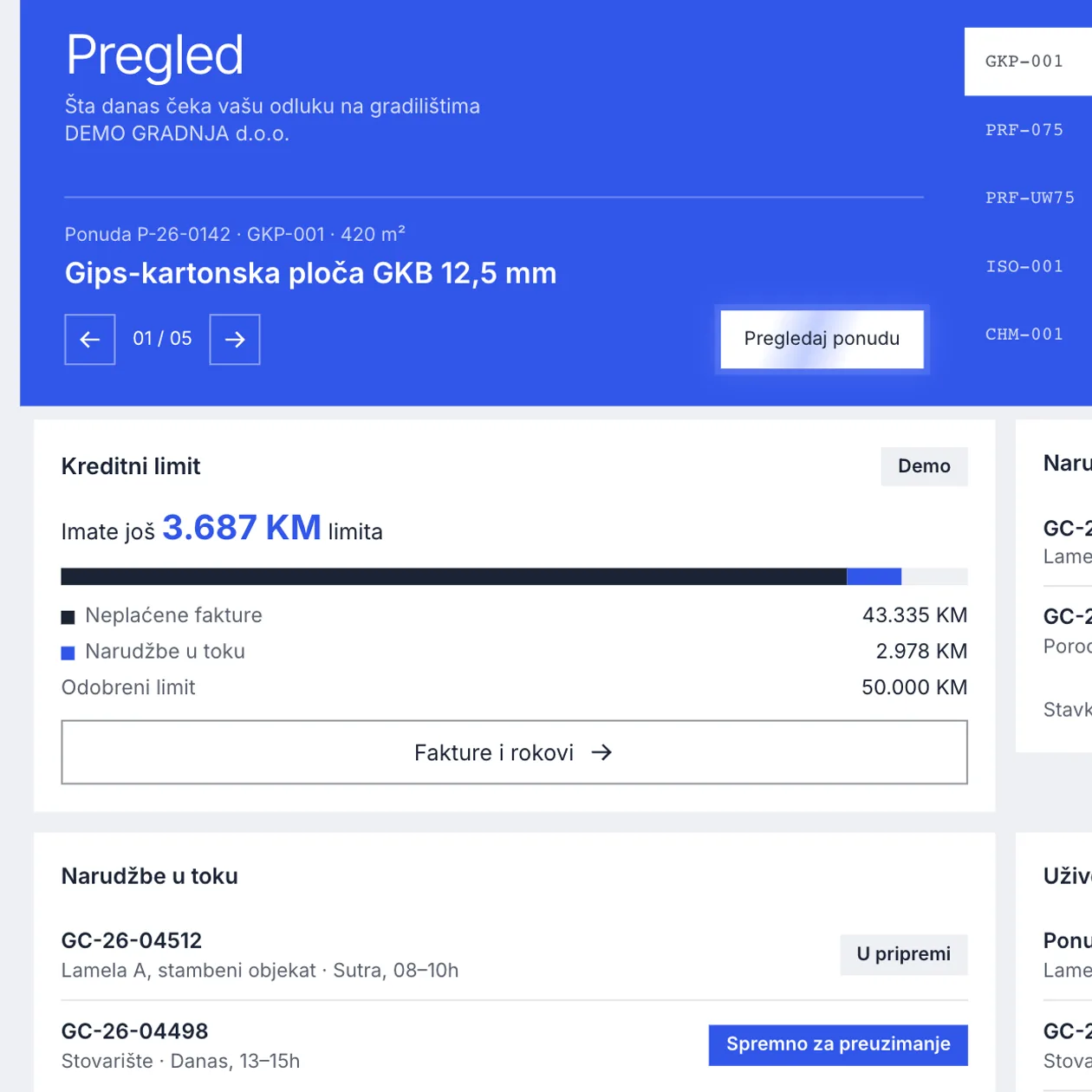 Detalj: B2B portal sa ponudom, kreditnim limitom i narudžbama u toku, demo podaci