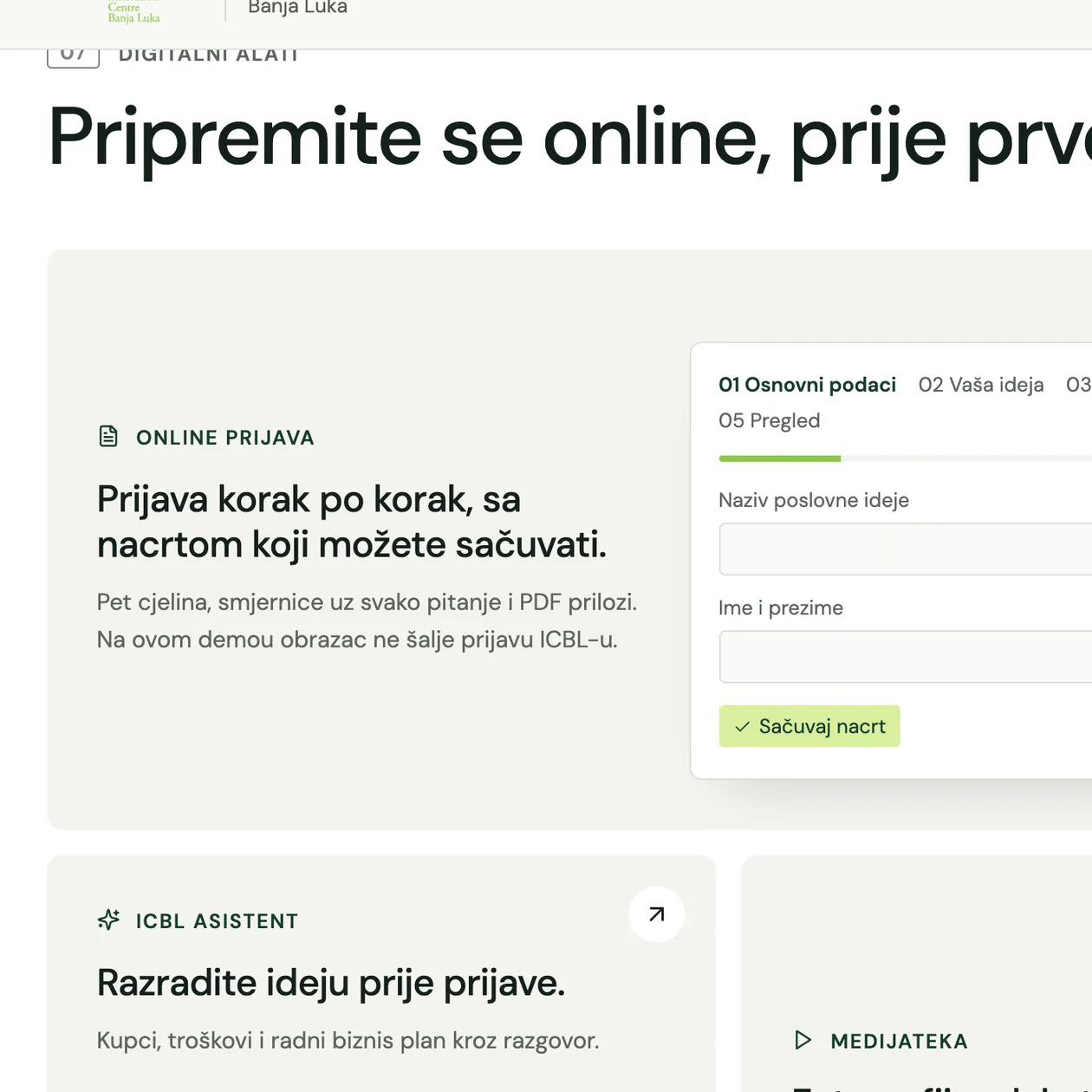 Detalj: online prijava sa nacrtom koji se čuva, na demou bez slanja ICBL-u