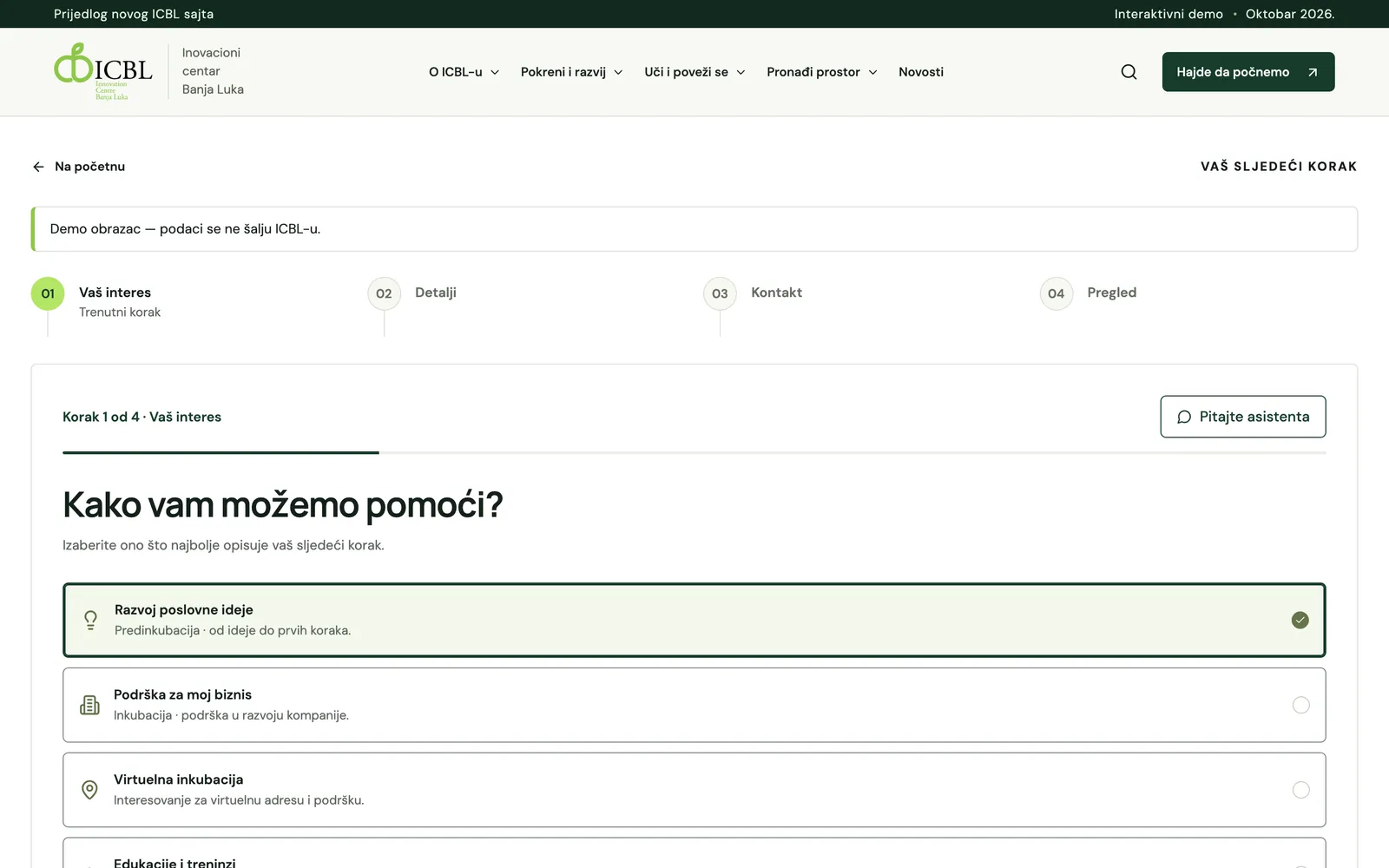 ICBL, online prijava: izbor interesa, detalji, kontakt i pregled