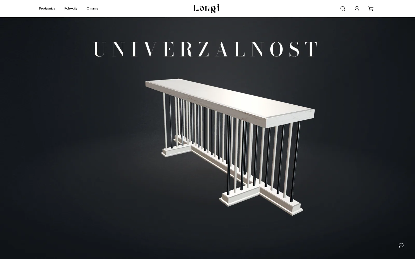 Longi, naslovna: mermerna ploča kao konzola u 3D prikazu, ispod naslova Univerzalnost