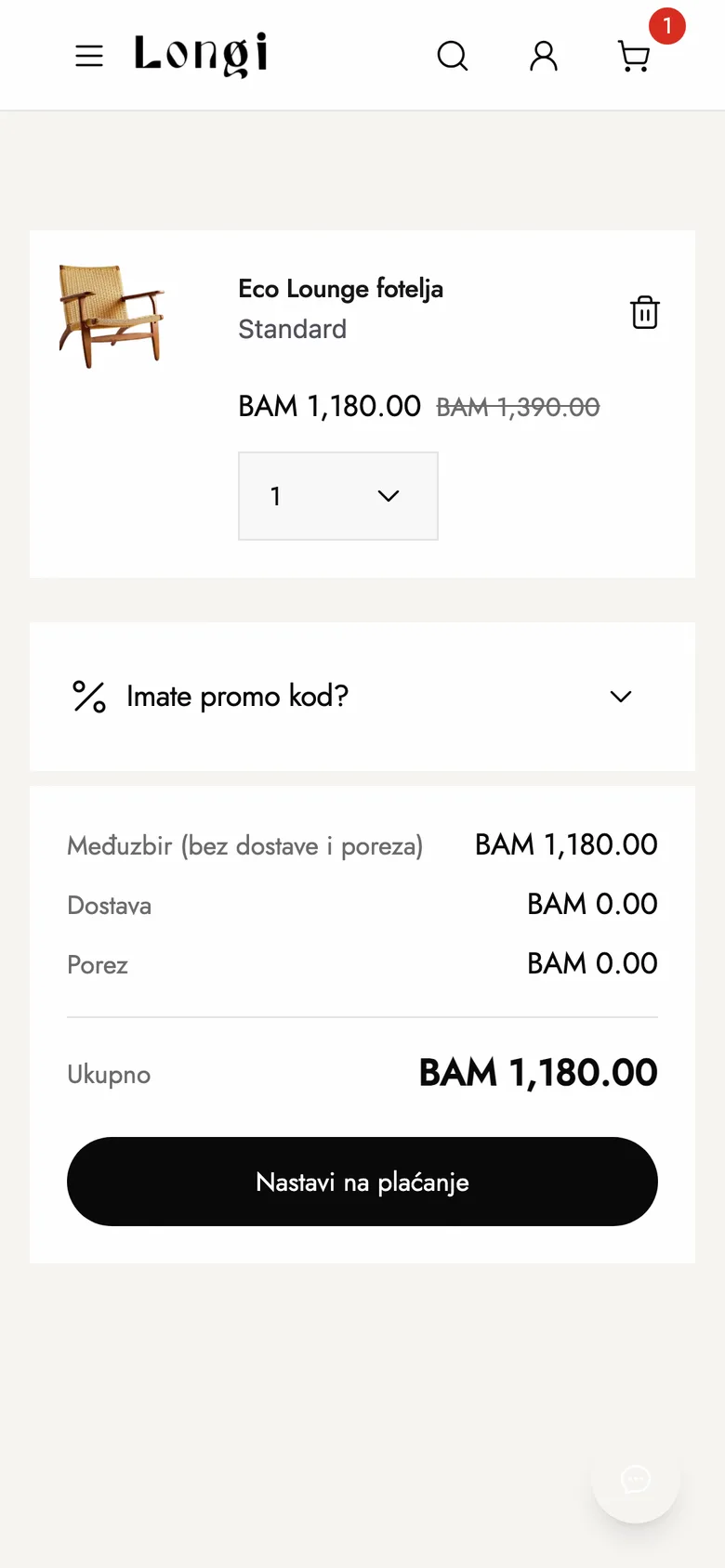 Longi na telefonu, korpa sa međuzbirom, dostavom i dugmetom za plaćanje