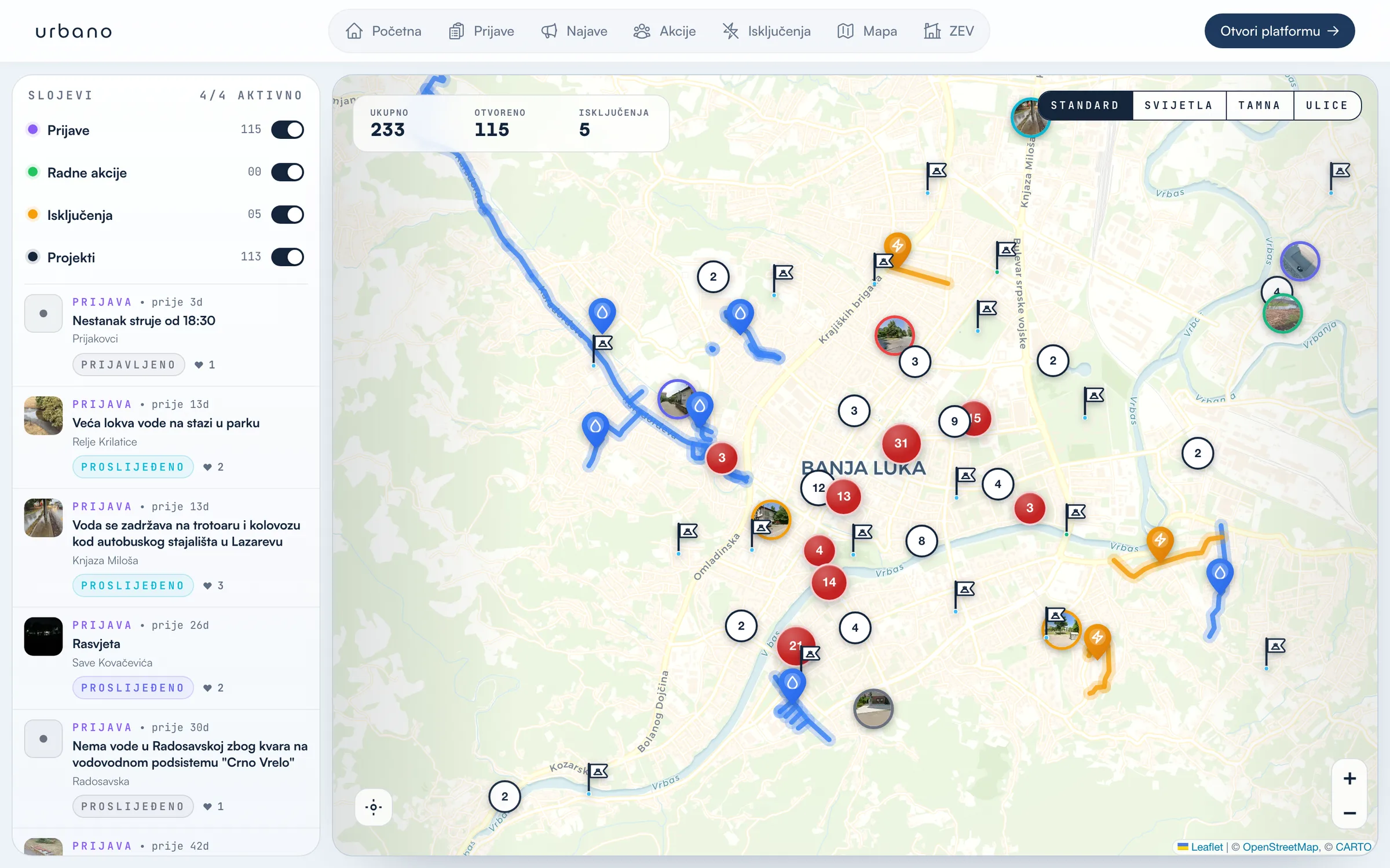 Urbano, mapa Banje Luke sa prijavama, radovima i akcijama po lokaciji