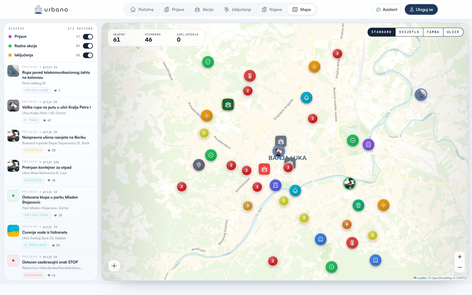 Urbano — mapa Banje Luke sa prijavama i slojevima