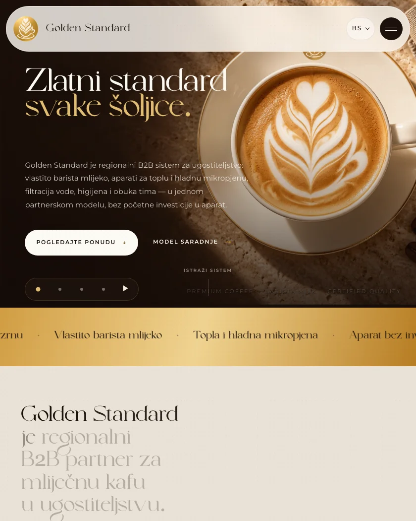 Golden Standard, aktuelni prikaz sajta i barista mlijeka